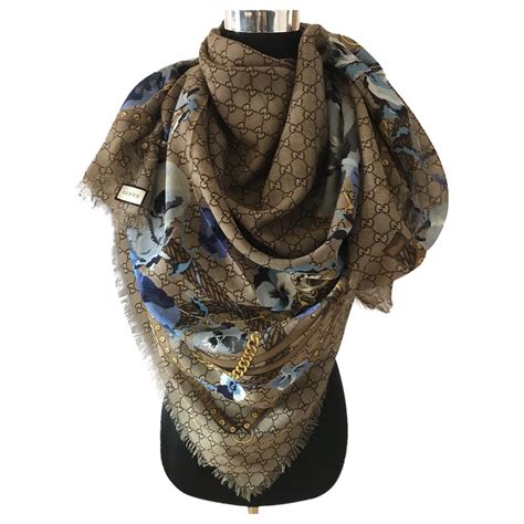 gucci blue blooms reversible scarf|gucci scarf with fur trim.